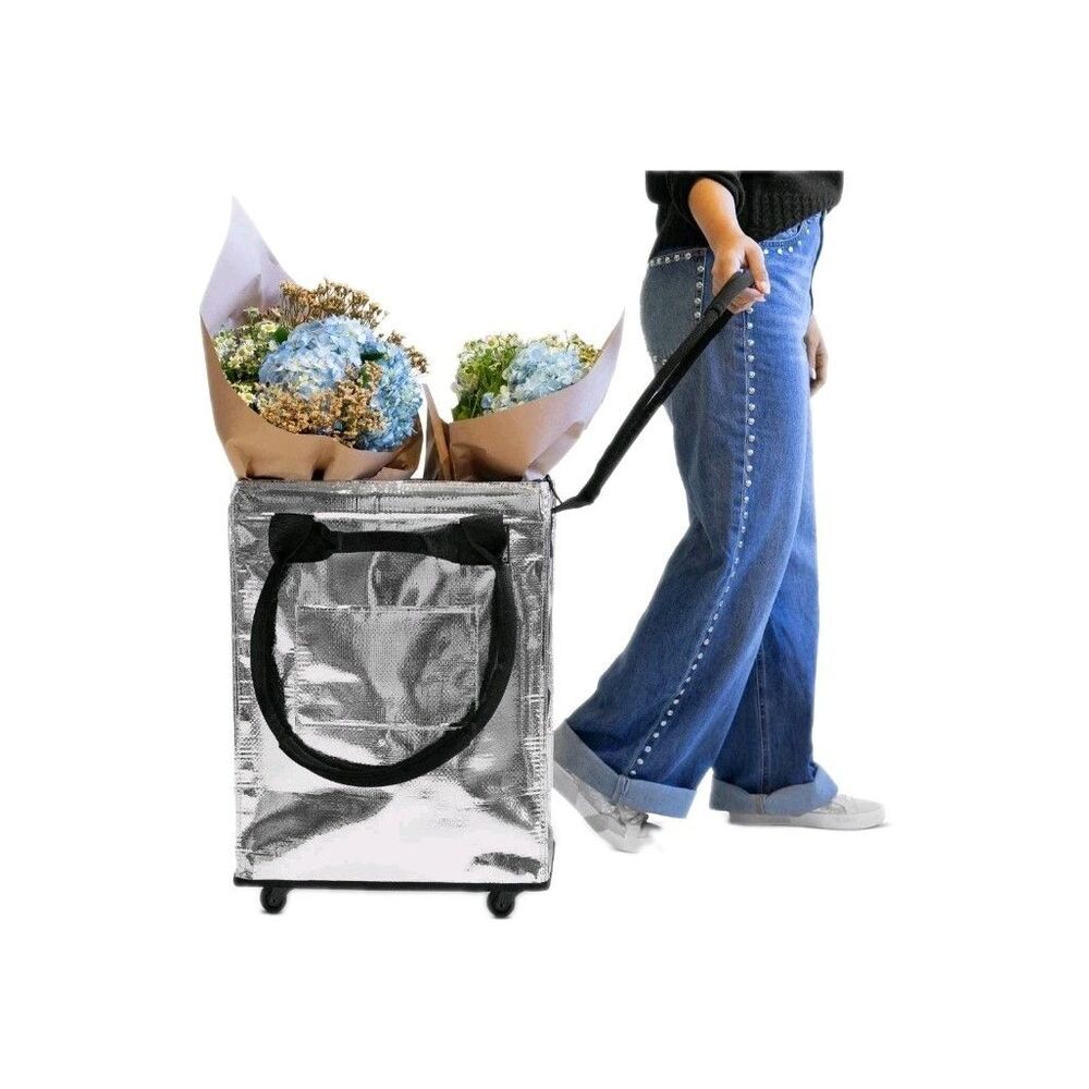 CleverMade Foldable Rolling Tote Bag 18"W x 24"H Soft Grip 90L 75lb Silver New